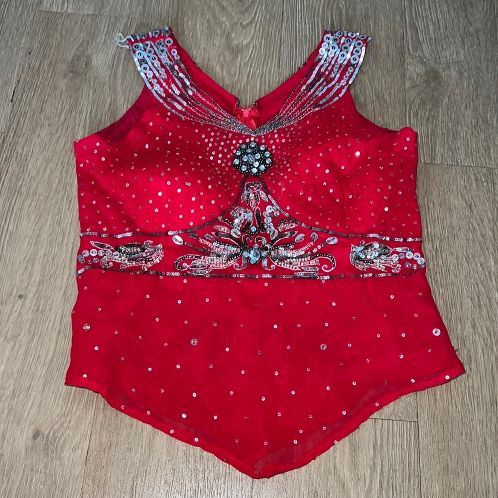 Red sleeveless blouse with silver beads and sequins